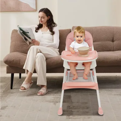 Chaise haute bébé pliante rose avec couverts – image 3
