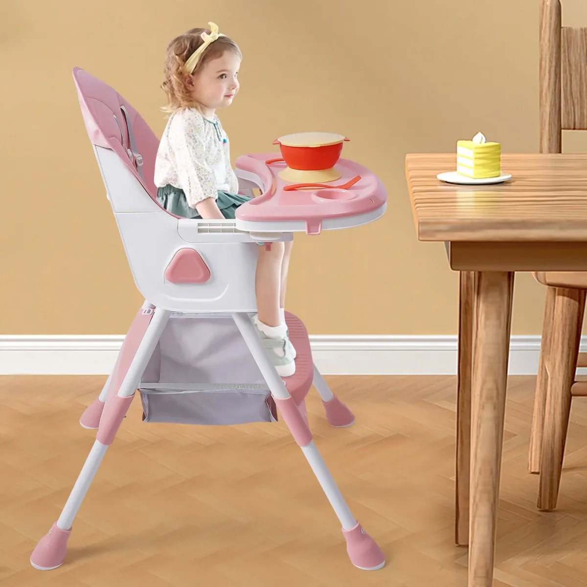Chaise haute bébé rose pliable à double plateau