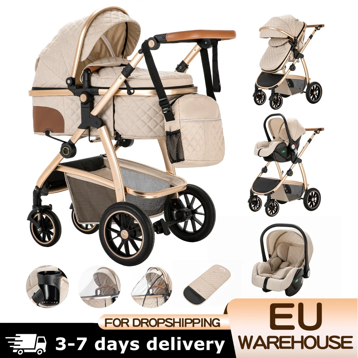 Poussette bébé 3 en 1 pliable en aluminium