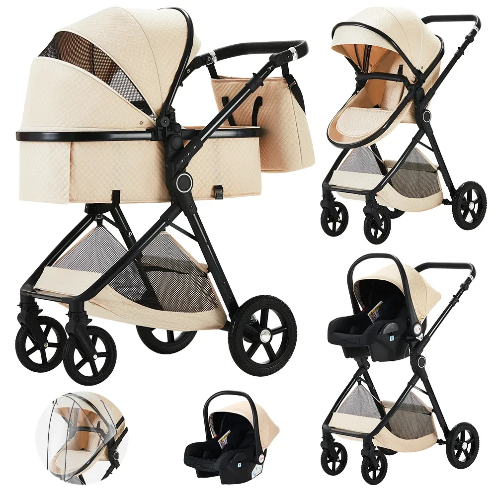 Poussette bébé pliable 3 en 1 en lin