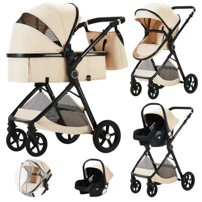 Poussette bébé pliable 3 en 1 en lin