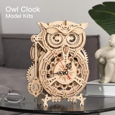 Puzzle 3D hibou en bois, horloge à construire – image 2